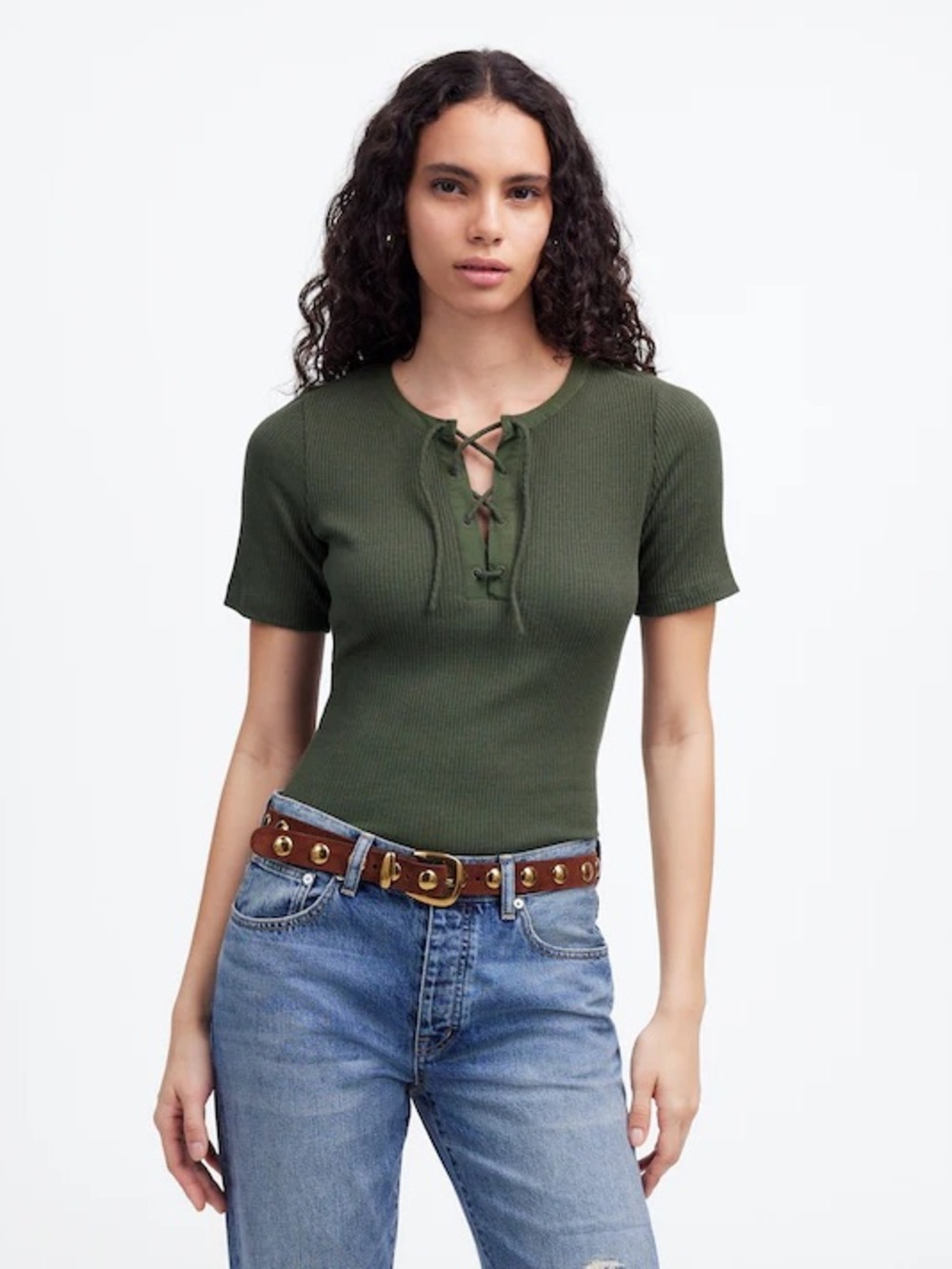 Madewell Ribbed Lace-Up Short-Sleeve Tee